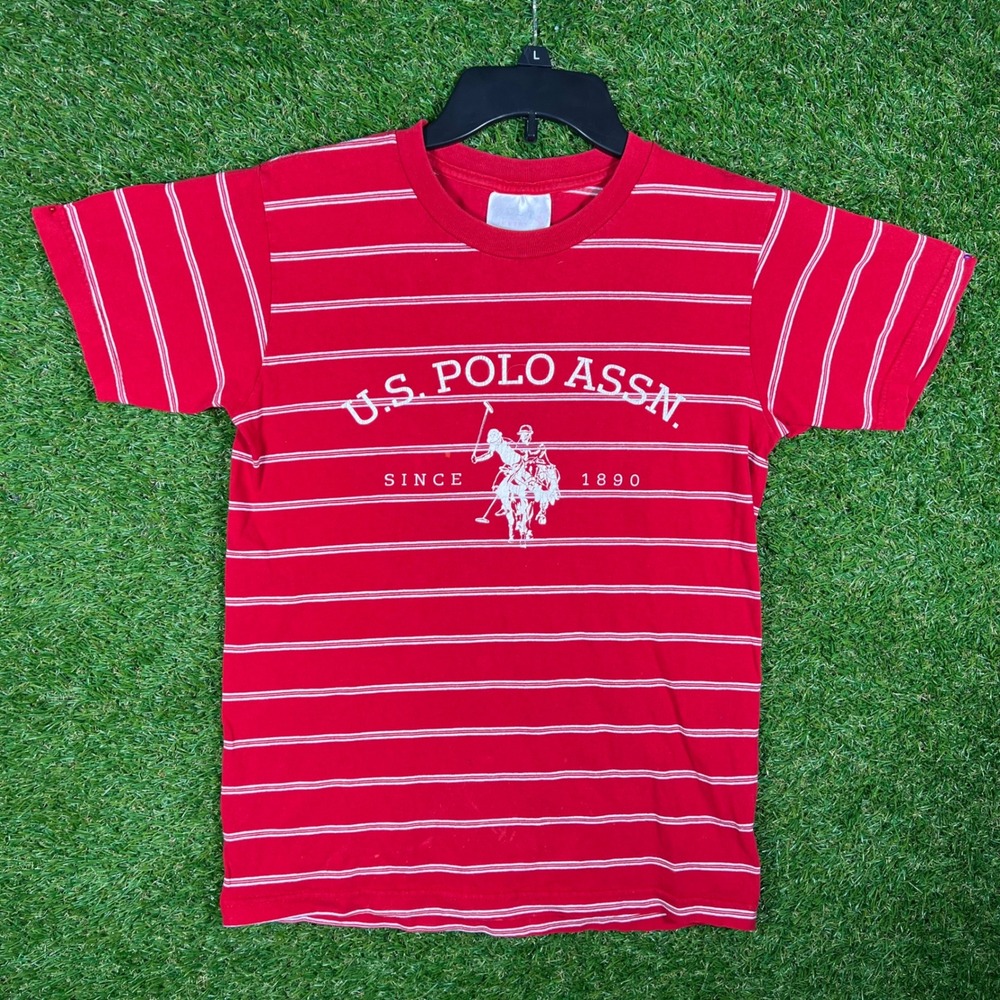US Polo Assn Mens Red White Striped Graphic Logo T-Shirt Size L Y2K